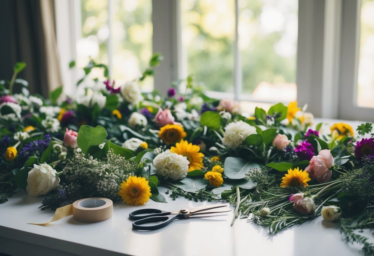 A table scattered with various flowers and foliage, a pair of scissors and floral tape, with soft natural light filtering in through a nearby window