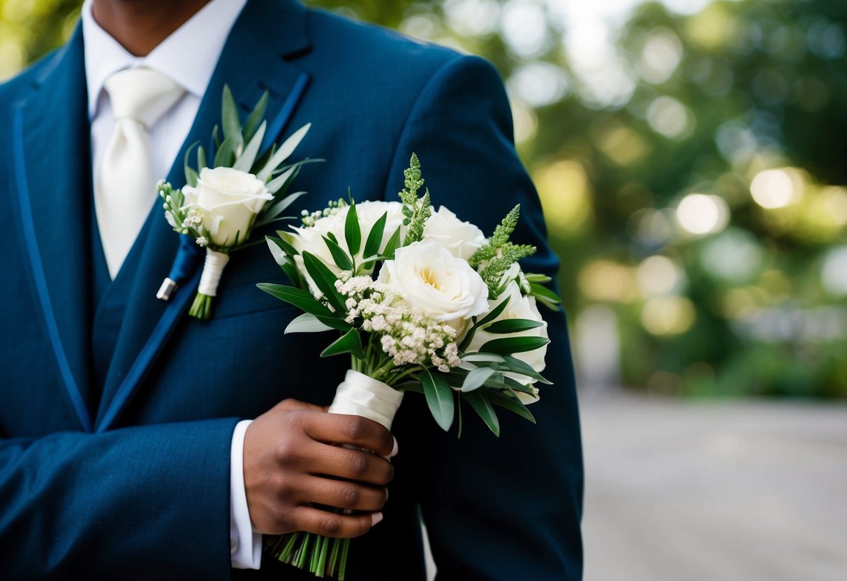 A bride's bouquet with a white corsage and greenery, held by a figure in formal attire