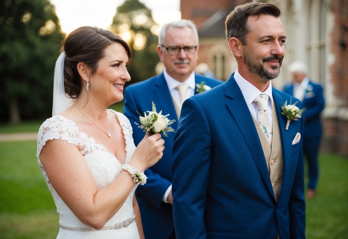 A bride's mother holds a corsage on her wrist, while a groom's father pins one to his lapel at a UK wedding