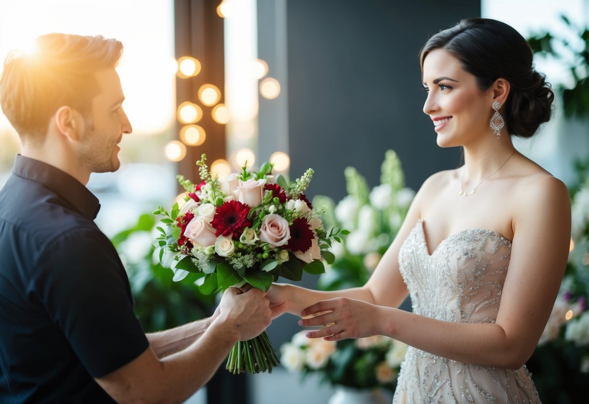 A florist hands a bouquet to a woman in an elegant dress