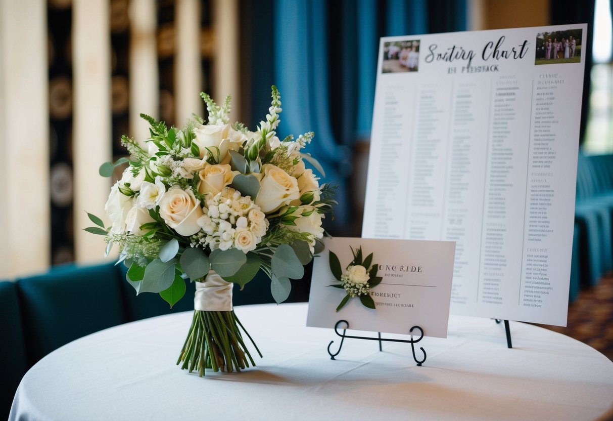 A bride's bouquet with a corsage on a table near a seating chart at a wedding in the UK