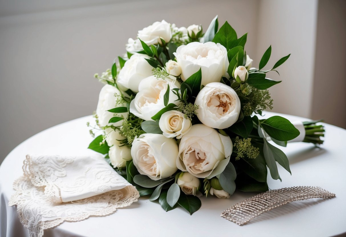 A elegant bouquet of white roses, peonies, and greenery sits on a table next to a delicate lace handkerchief and a sparkling hair comb