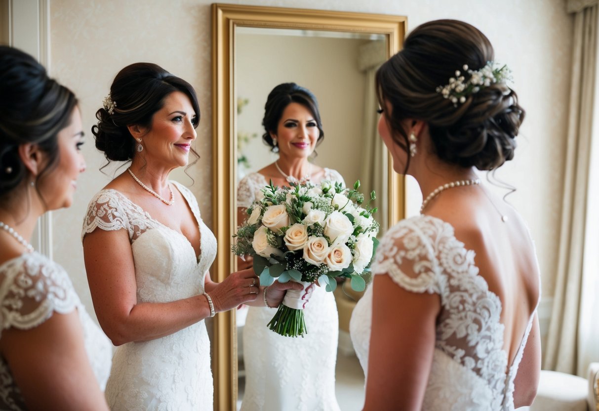 A mother of the bride holds a bouquet while admiring her reflection in a full-length mirror, wearing a stylish and elegant wedding attire