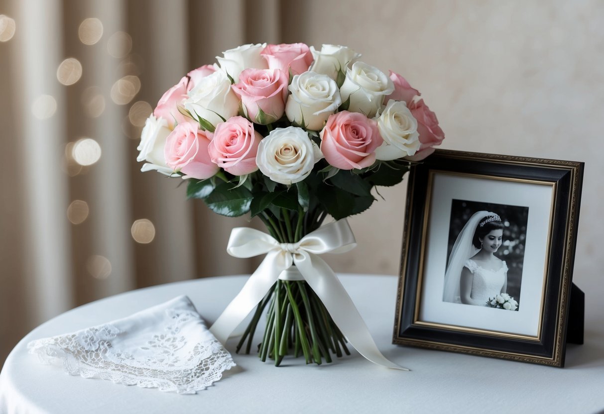 A bouquet of white and pink roses, tied with a satin ribbon, sits on a table next to a framed photograph and a delicate lace handkerchief