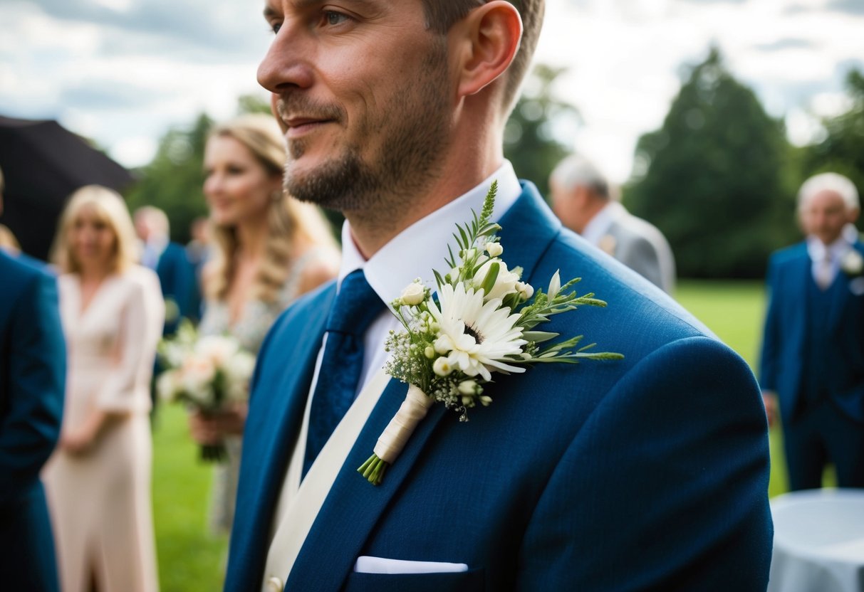 A floral arrangement adorns a guest's lapel at a wedding in the UK