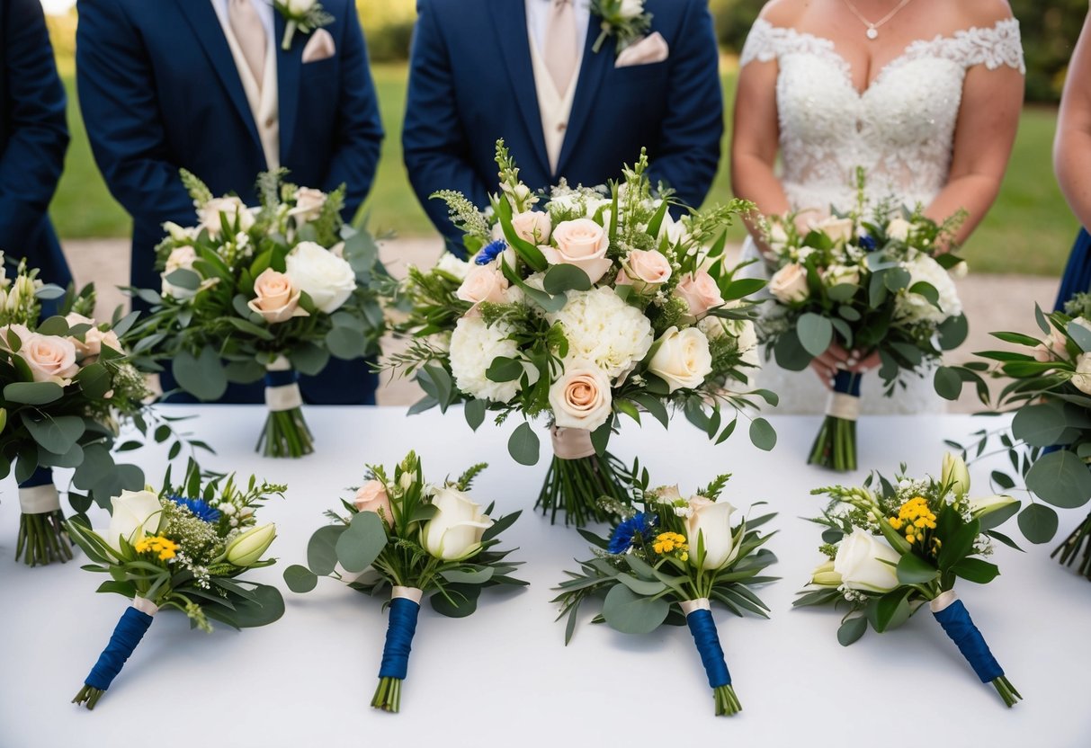 A bride's bouquet and groom's boutonniere arranged on a table with floral hair accessories and corsages for the wedding party