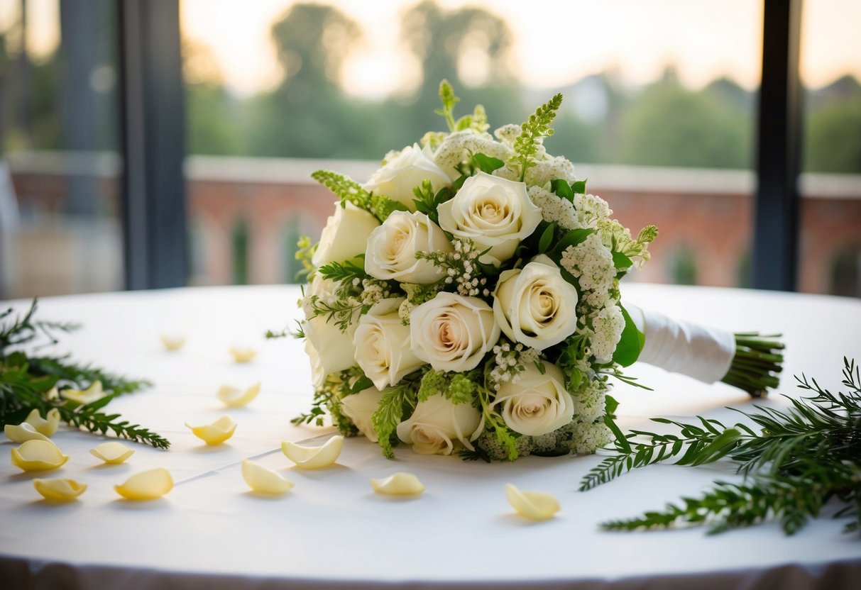 A bride's bouquet rests on a table, surrounded by scattered flower petals and greenery