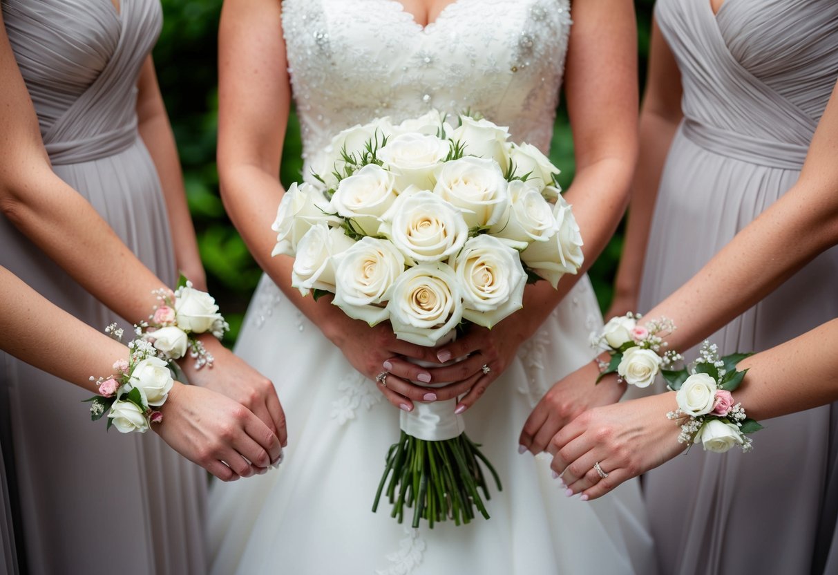 A bride holding a bouquet of white roses, while her bridesmaids wear delicate floral corsages on their wrists