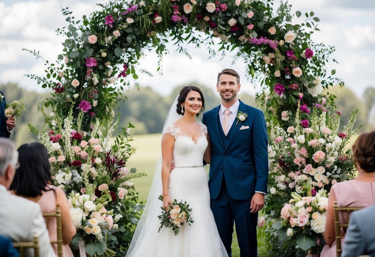 A bride and groom stand beneath a floral arch, surrounded by bouquets and arrangements. The bride holds a small bunch of flowers in her hand