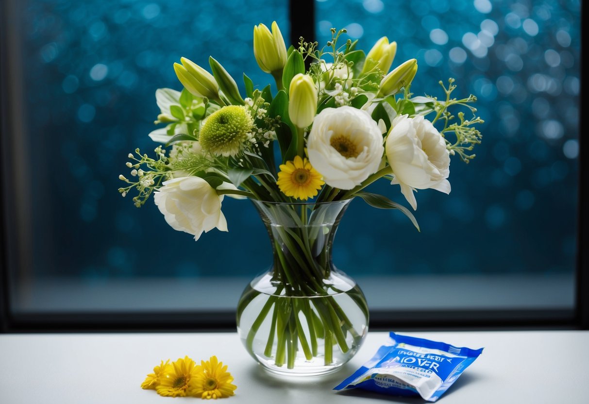 Fresh wedding flowers in a glass vase with water, placed in a cool, dark room. A small packet of flower preservative sits nearby