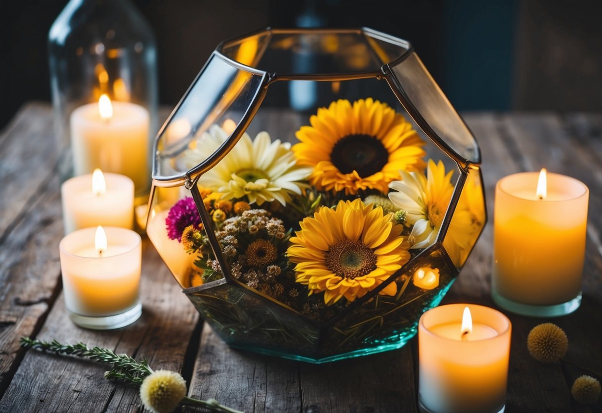 Preserved flowers arranged in a glass terrarium, surrounded by soft candlelight on a rustic wooden table
