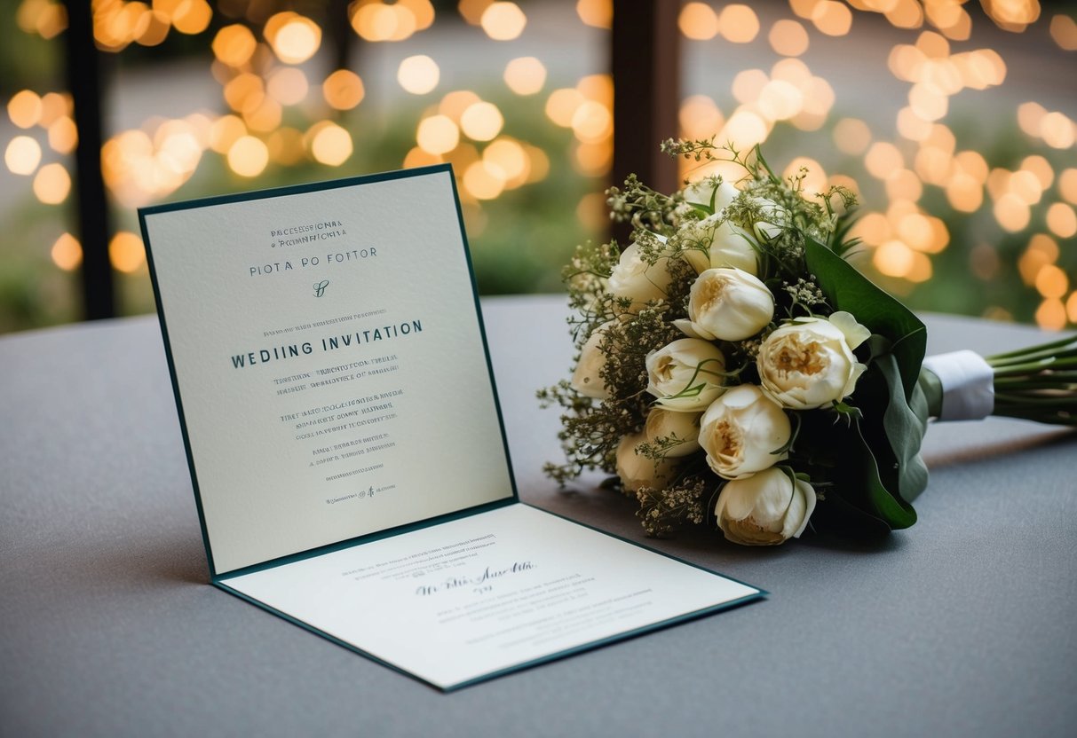 An empty wedding invitation on a table with a bouquet of wilting flowers