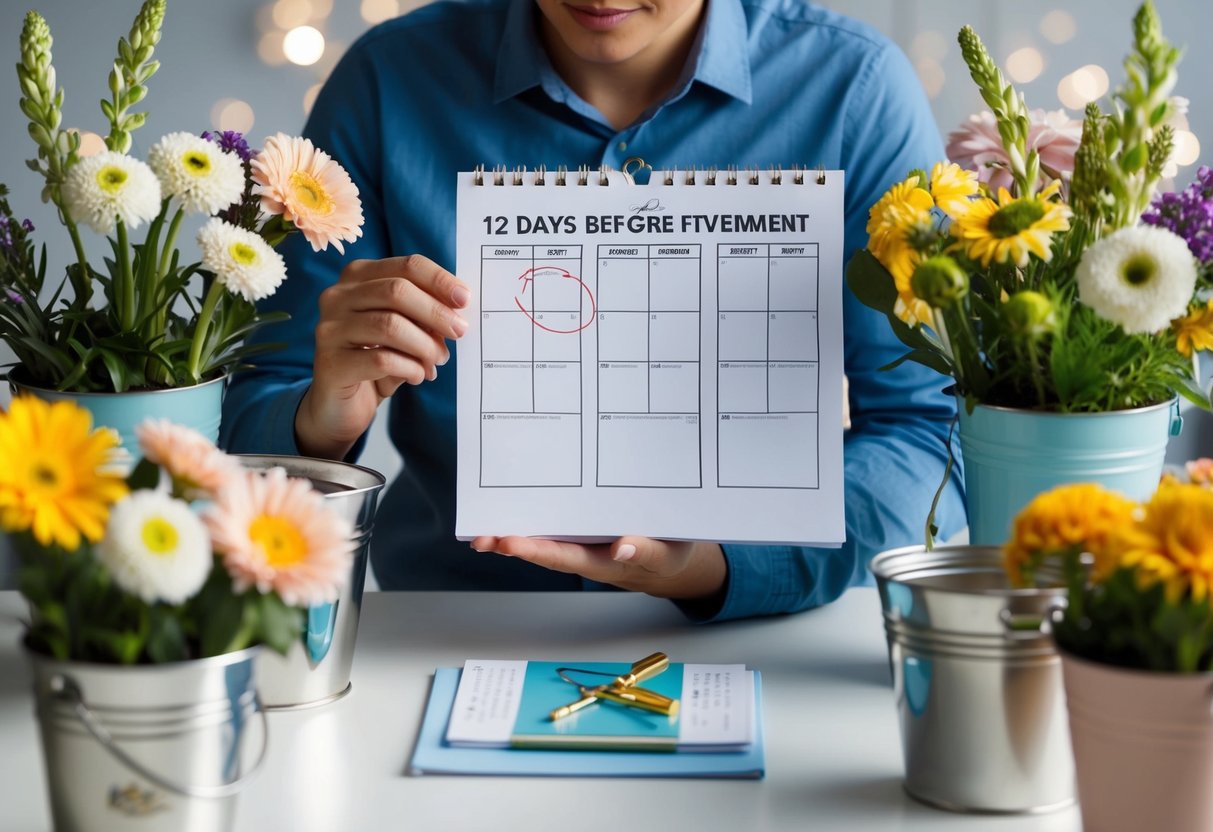 A person holding a calendar, circling a date two days before an event. Surrounding them are various types of flowers in vases and buckets, with a thoughtful expression on their face