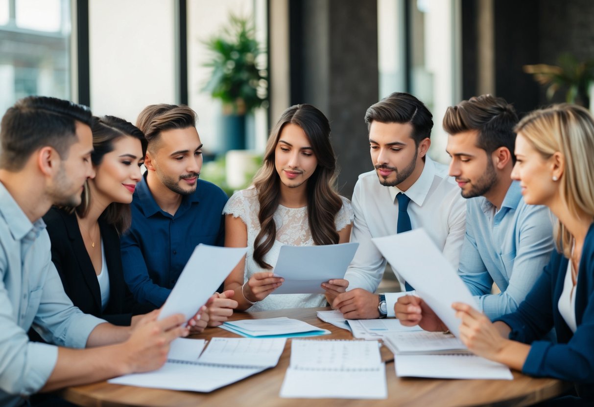 A group of friends gathered around a table, discussing wedding invitations and looking at their calendars. A thoughtful expression on their faces as they weigh the financial implications of attending