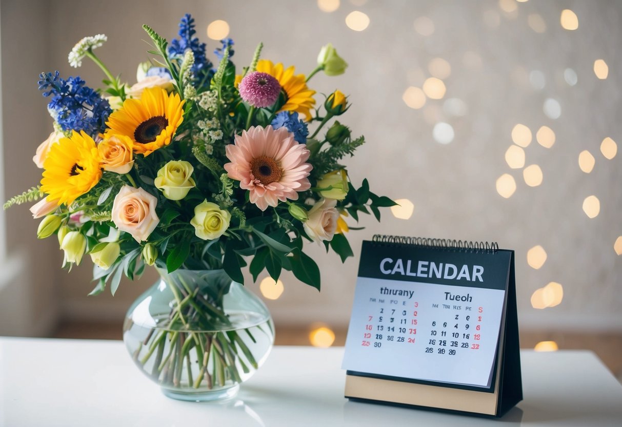 A bouquet of assorted flowers in a vase with a calendar showing the current date and two days ahead