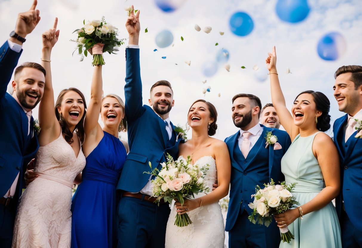 A group of friends celebrating at a wedding ceremony, with smiles and laughter filling the air, showing support and commitment to their friend