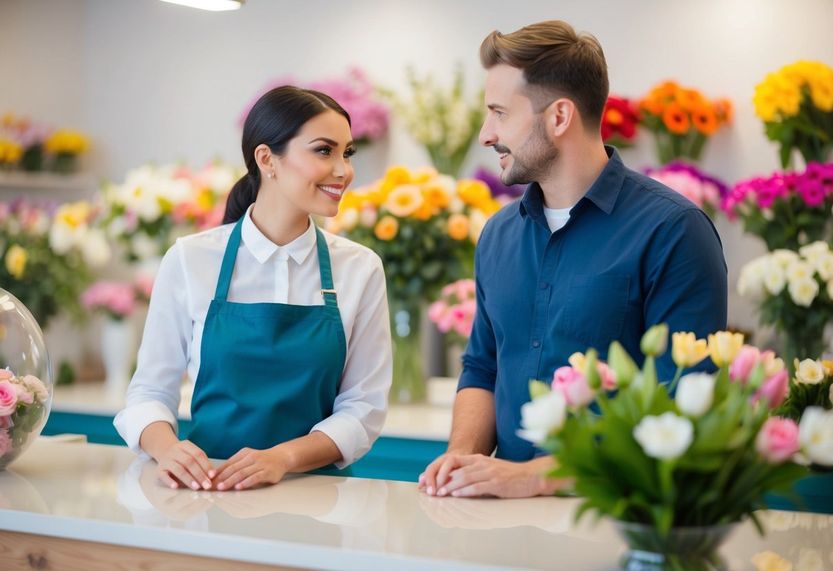 A customer standing at a floral shop counter, asking a knowledgeable florist if they can purchase flowers two days in advance