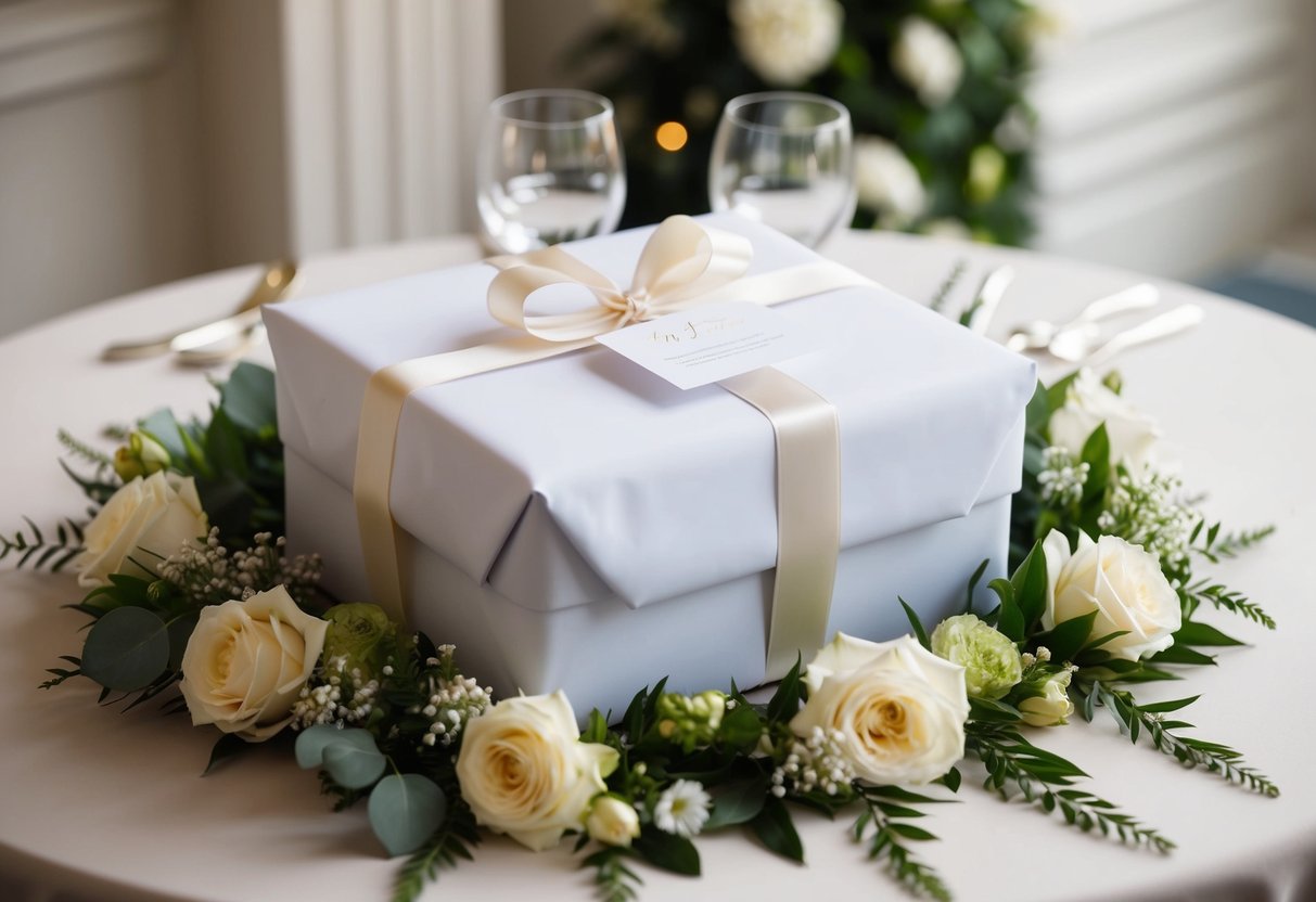 A beautifully wrapped wedding gift sits on a table, surrounded by elegant decorations and flowers, with a card tucked under the ribbon