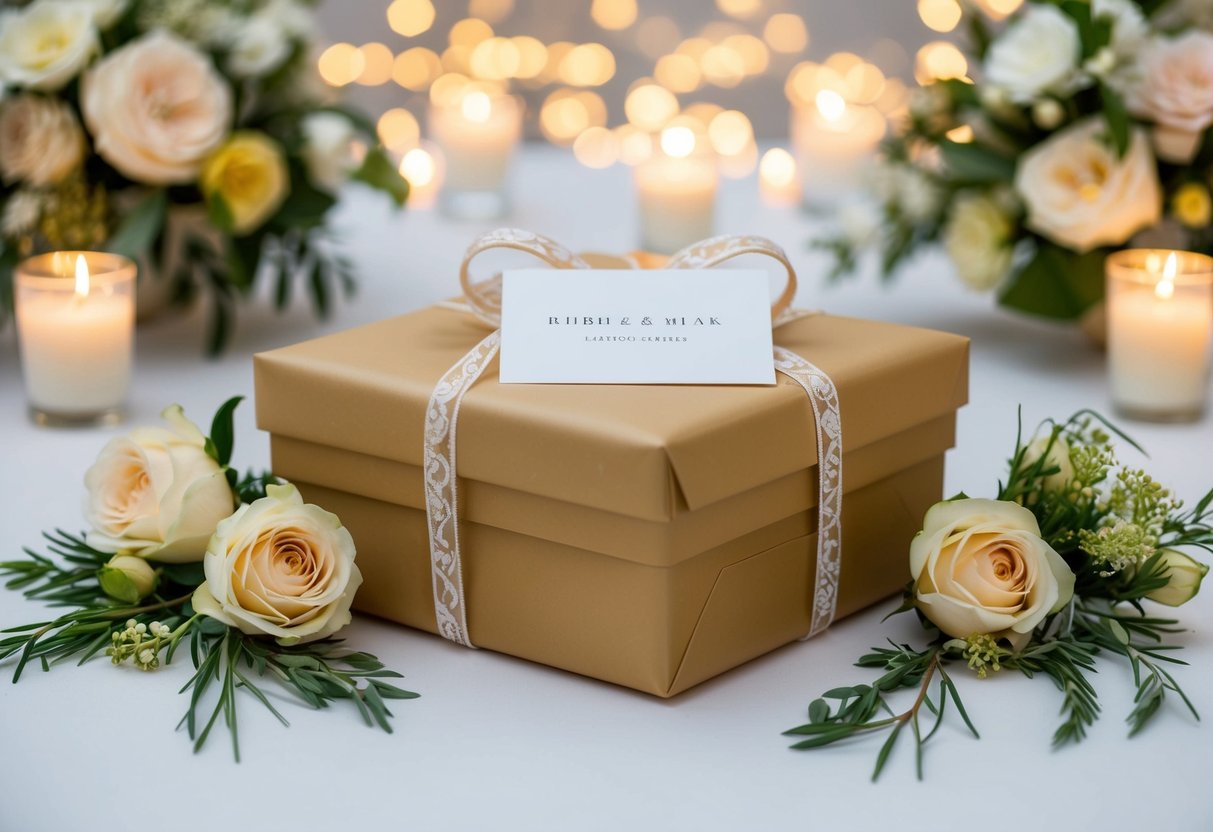 A beautifully wrapped wedding gift with a card attached, surrounded by elegant decorations and floral arrangements