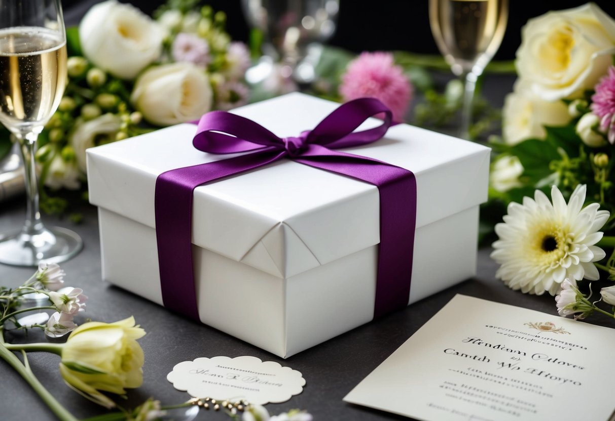 A gift-wrapped box with a ribbon, surrounded by a variety of wedding-themed items such as flowers, champagne glasses, and a wedding invitation