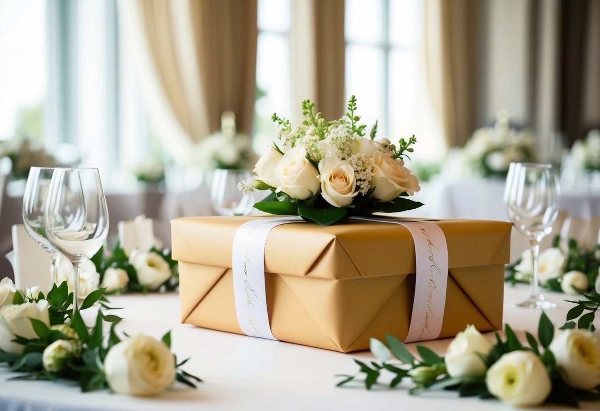 A beautifully wrapped wedding gift sits on a table, surrounded by elegant decorations and flowers