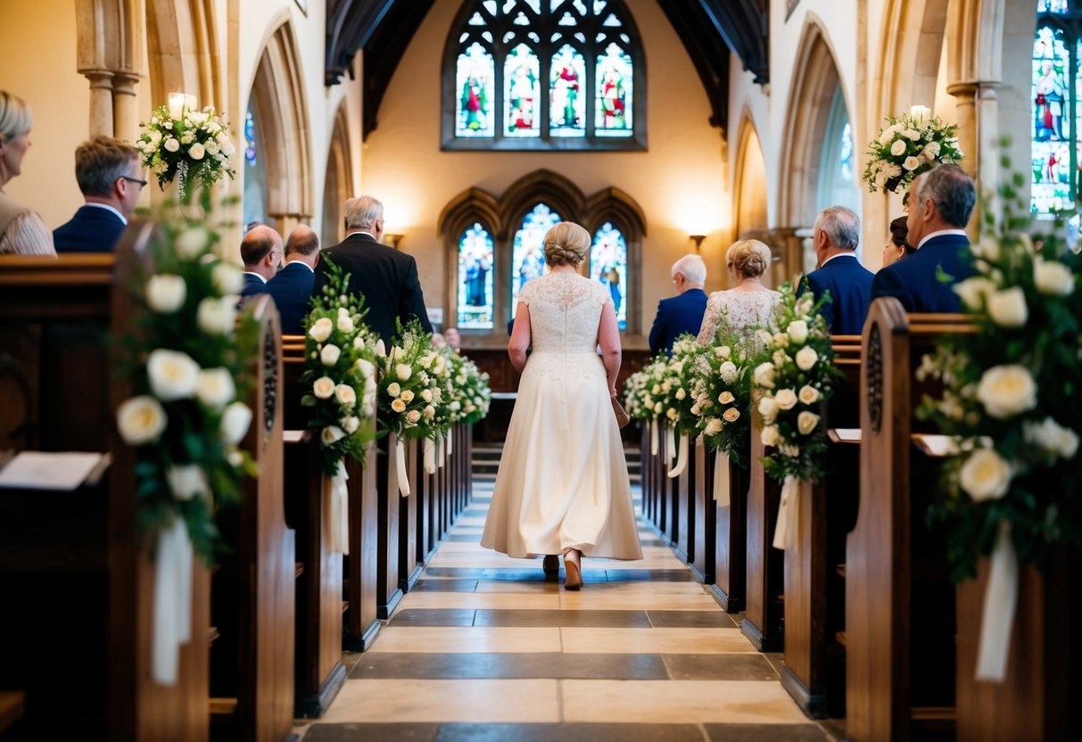A flower-lined aisle in a traditional UK church, with the mother of the bride walking towards the altar