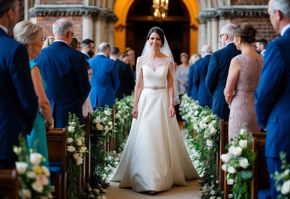 A woman in a formal gown walks down a flower-lined aisle in a traditional UK wedding ceremony