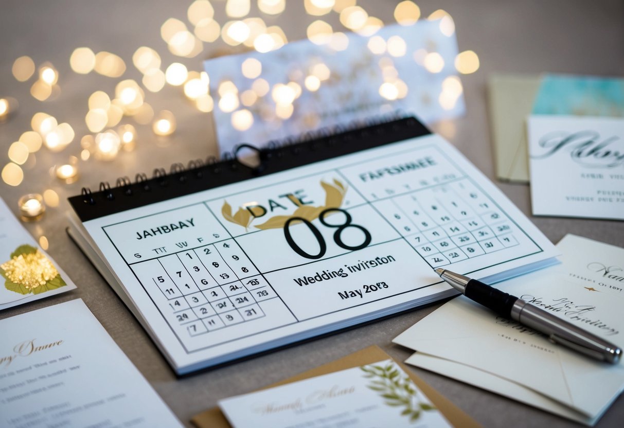 A calendar with the date of the wedding circled, surrounded by various wedding invitation designs and a pen poised to write