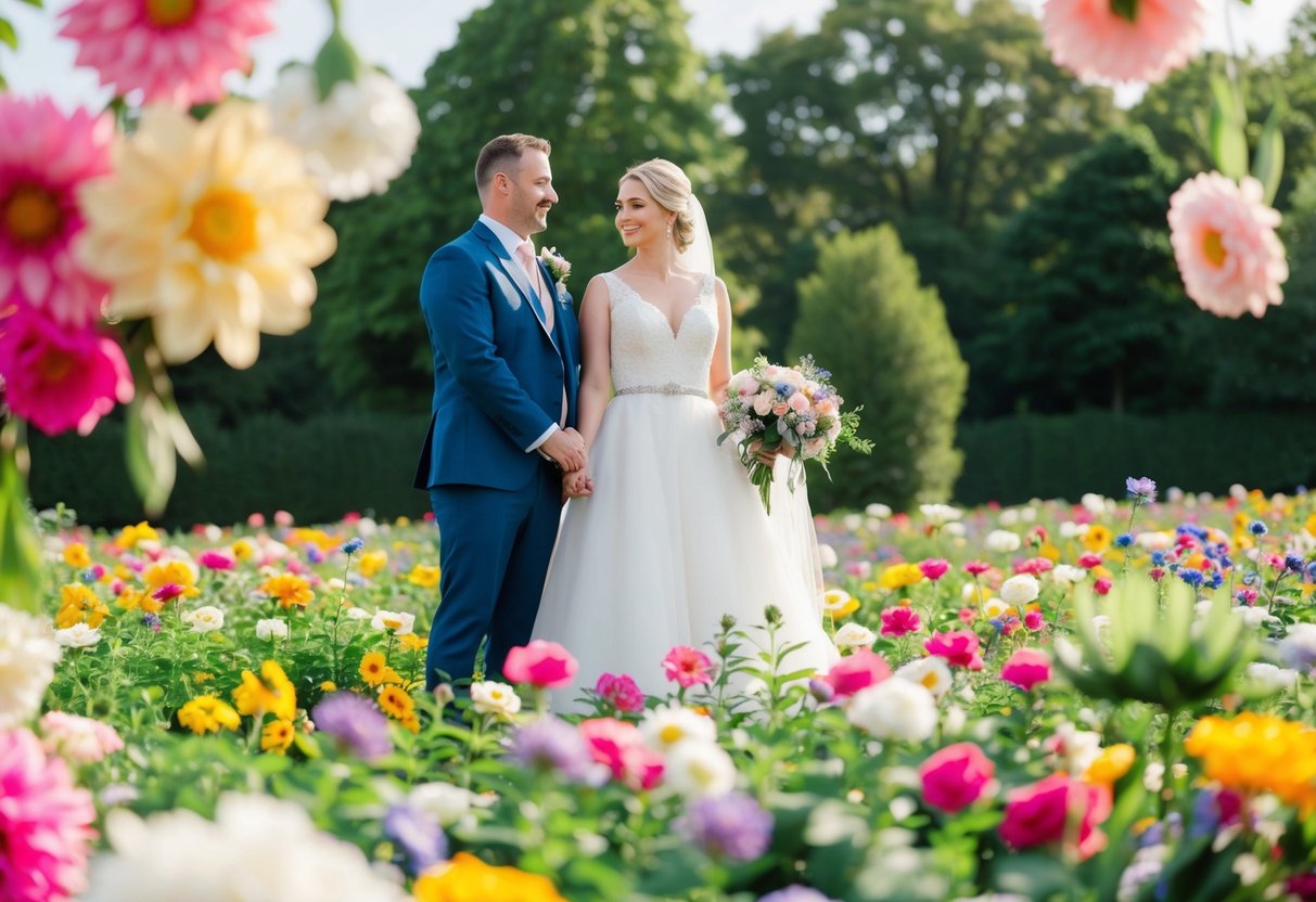 A bride and groom stand in a field of vibrant, blooming flowers, with a mix of real and fake blooms decorating the scene