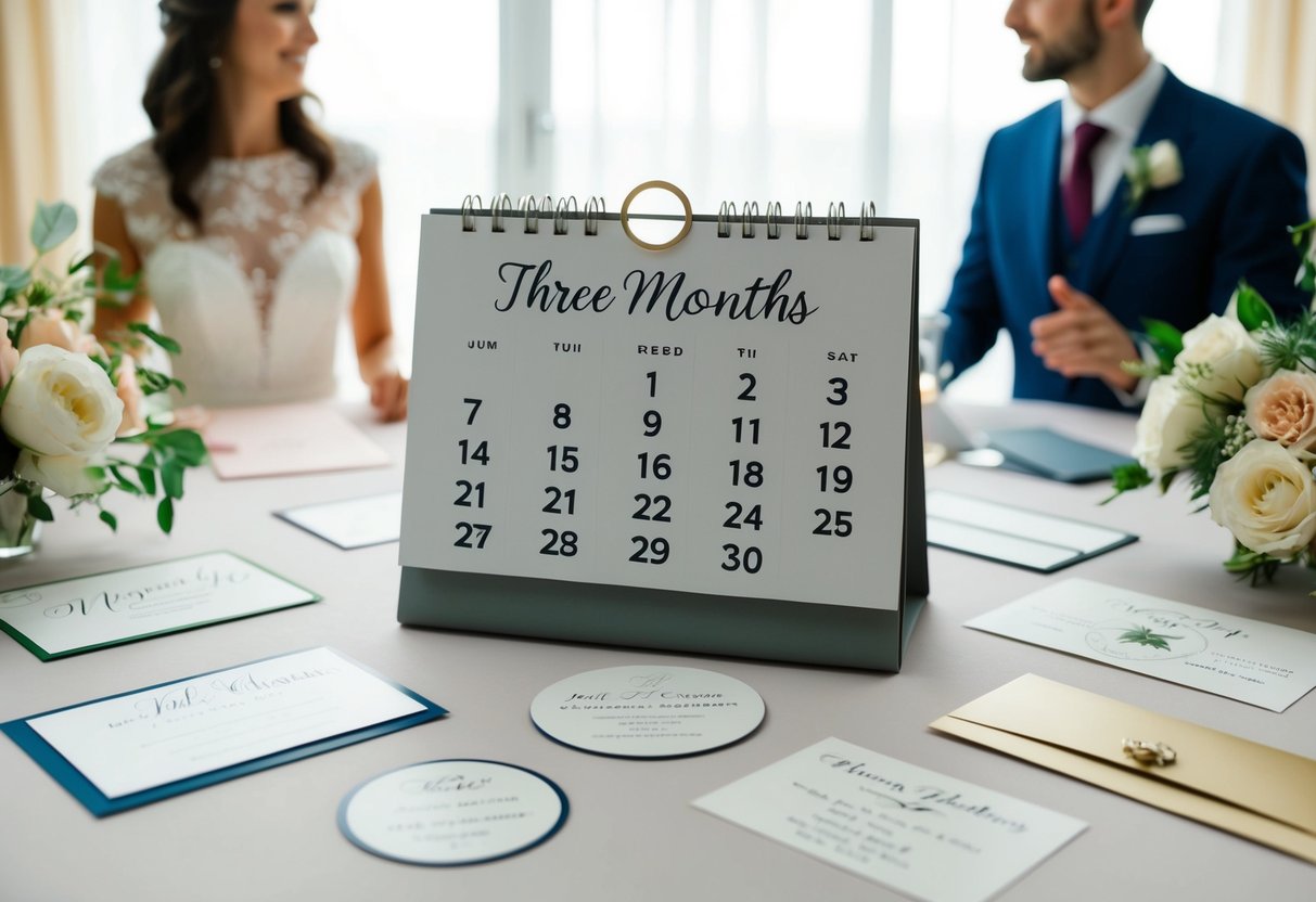 A calendar with the date three months before the wedding circled, surrounded by various wedding invitation designs and a couple discussing their options
