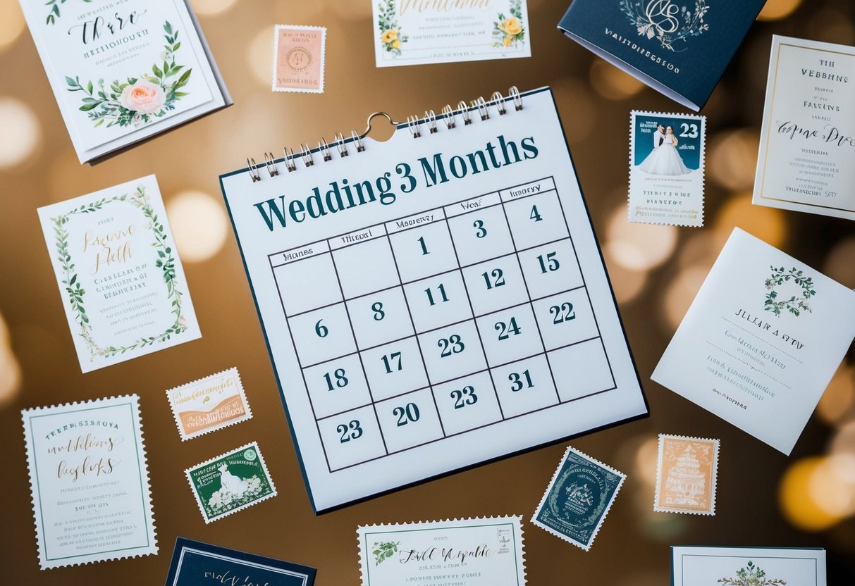 A calendar with the date three months before the wedding circled, surrounded by various wedding invitation designs and postage stamps