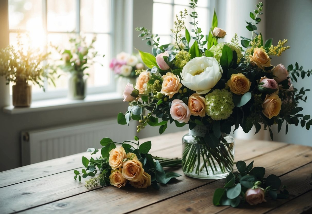 A lush bouquet of real and fake flowers arranged on a rustic wooden table, with soft natural light streaming in through a nearby window
