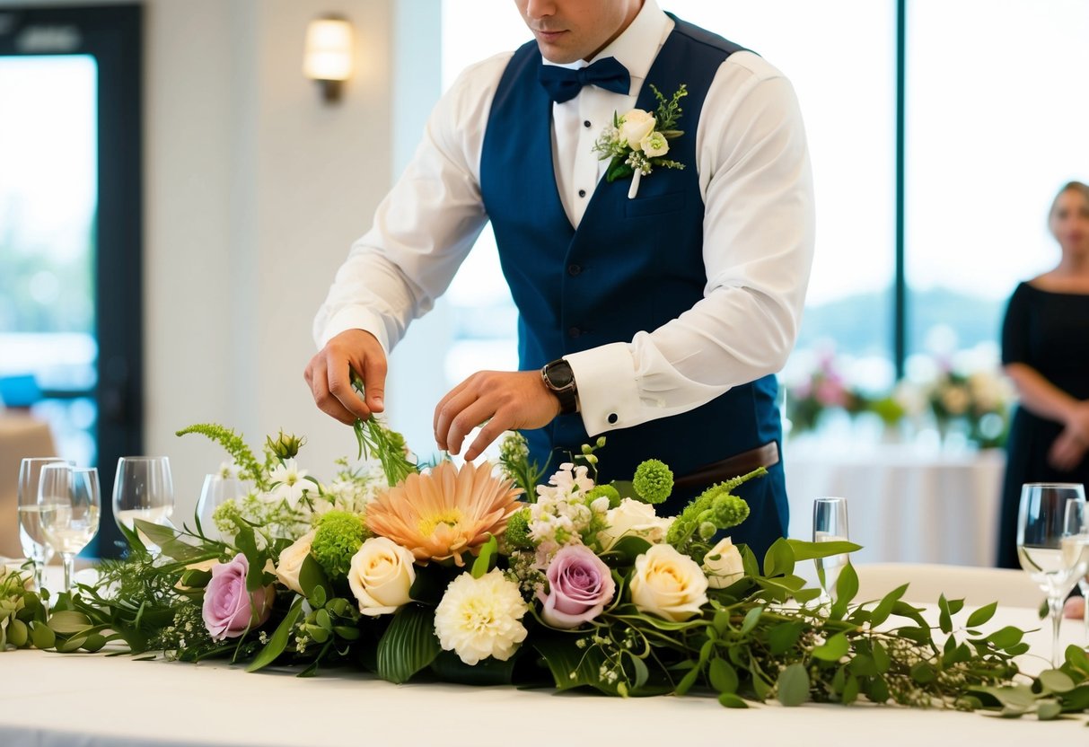 A professional florist arranging a beautiful wedding centerpiece with a mix of real and fake flowers on a table