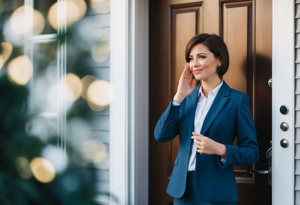 A person standing at a closed front door, politely gesturing with a slight smile and shaking their head