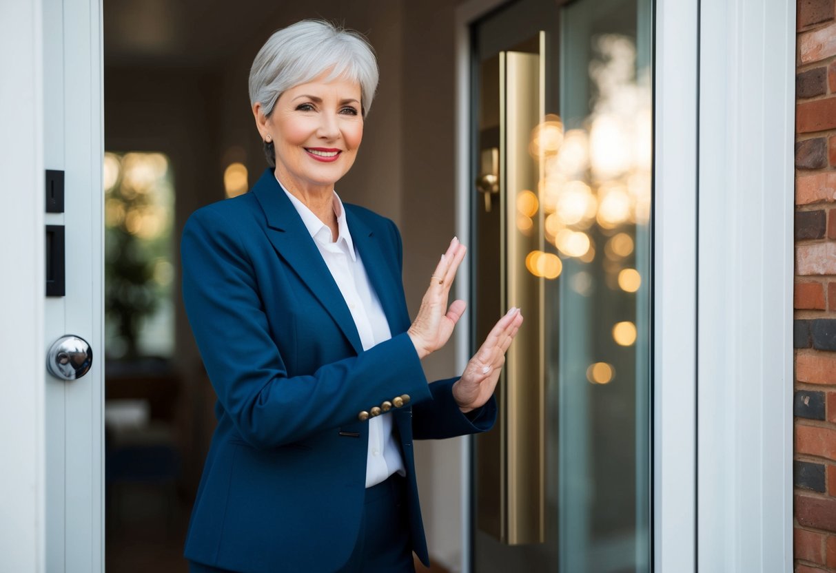 A person standing at their front door, politely declining visitors with a friendly smile and a gentle hand gesture
