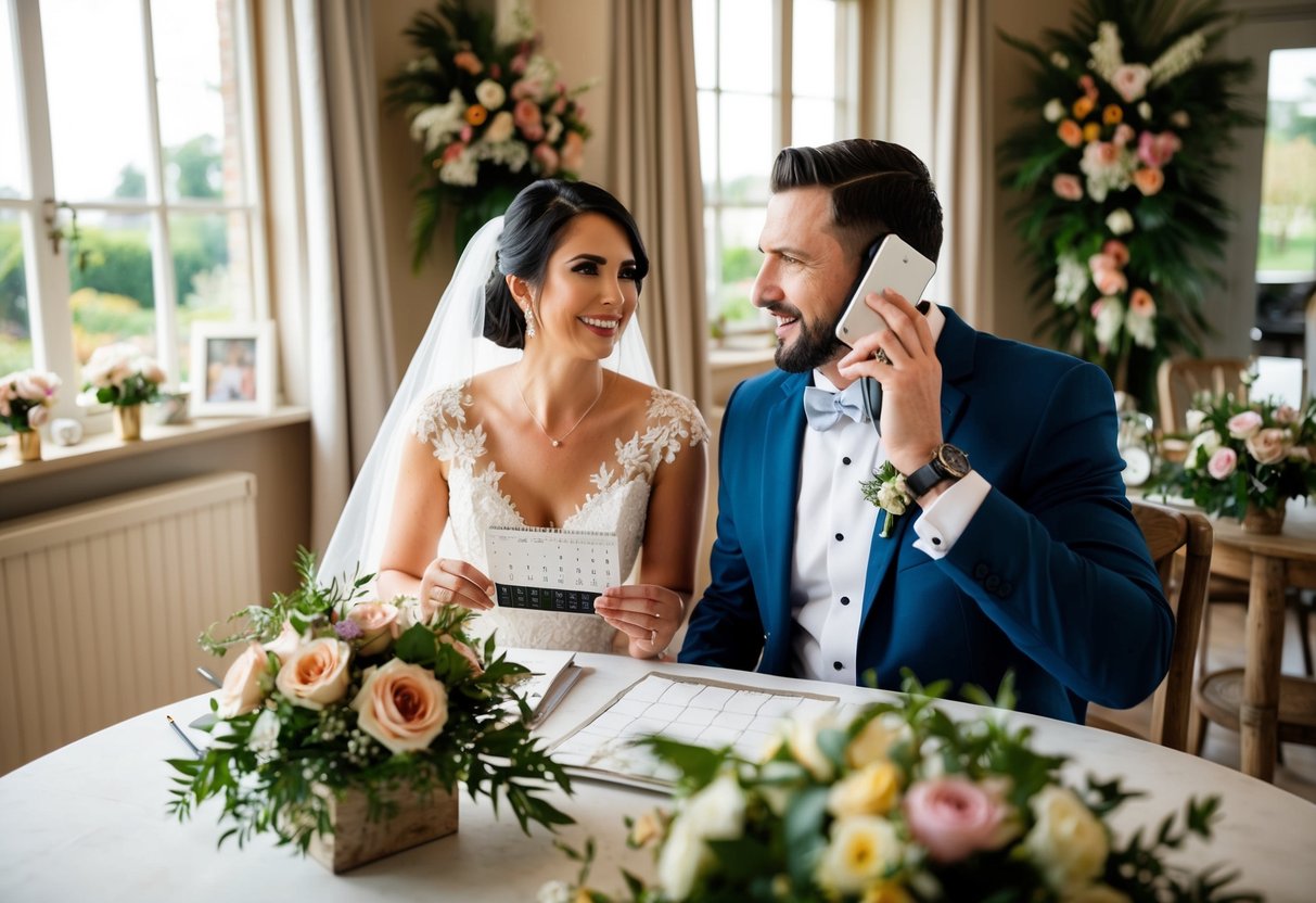 A bride and groom sit at a cozy table, surrounded by floral arrangements. The bride holds a calendar, while the groom speaks with a florist on the phone