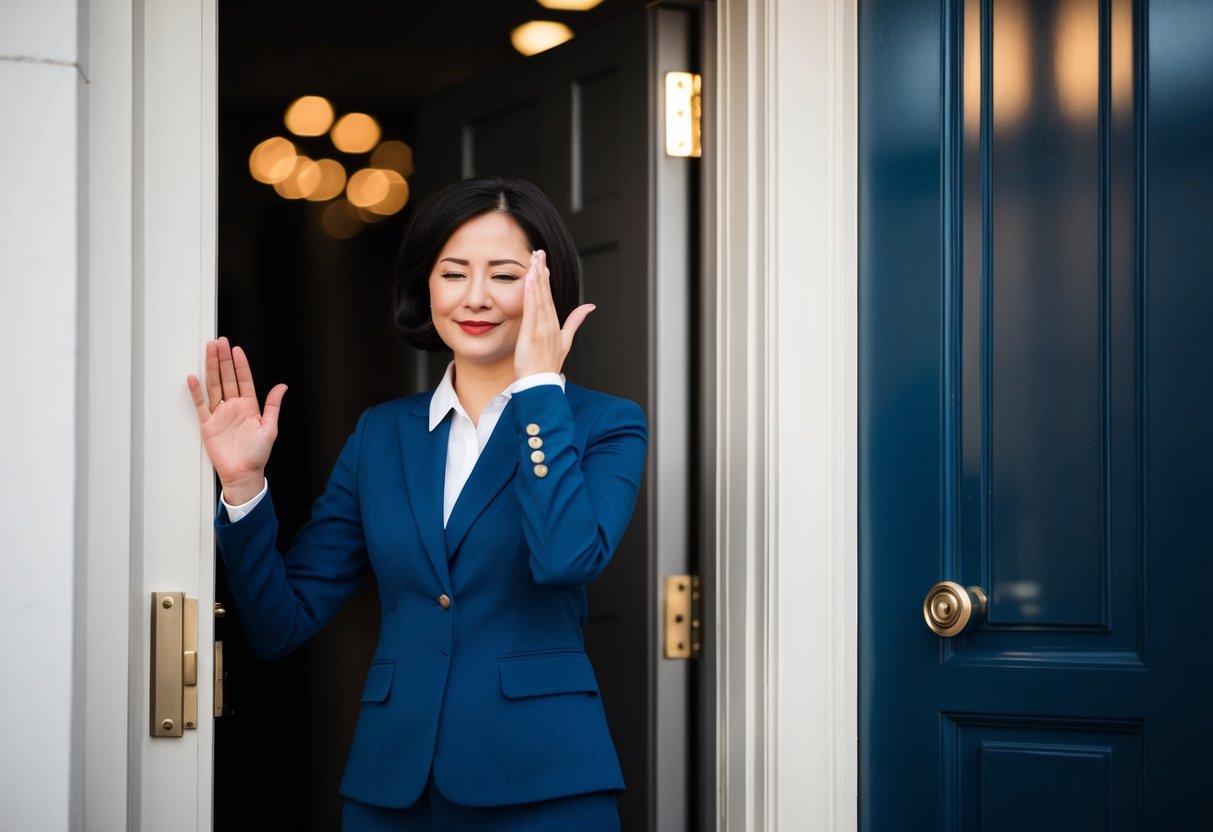 A person standing at a doorway, politely gesturing with a closed hand and a slight shake of the head to indicate they cannot accept visitors
