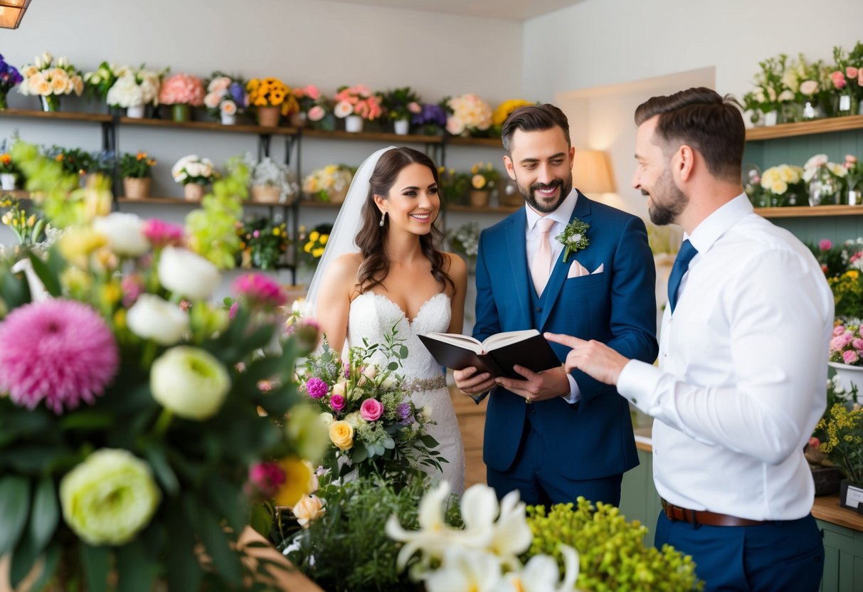 A bride and groom meet with a florist in a cozy shop, surrounded by colorful blooms and greenery. The florist gestures towards a book of wedding arrangements as they discuss options