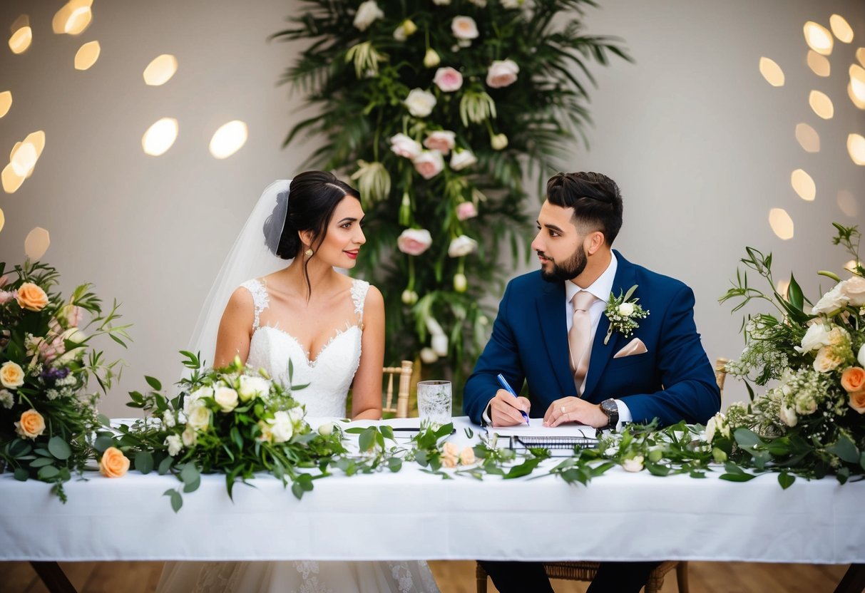 A bride and groom sit at a table covered in floral arrangements, discussing details with a florist. The florist holds a notebook and pen, ready to take notes