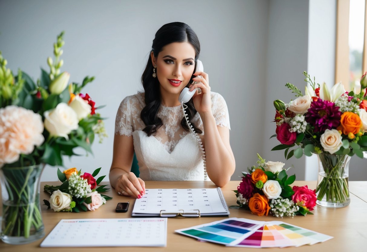 A bride-to-be sitting at a desk with a calendar, surrounded by floral samples and color swatches, discussing with a florist over the phone
