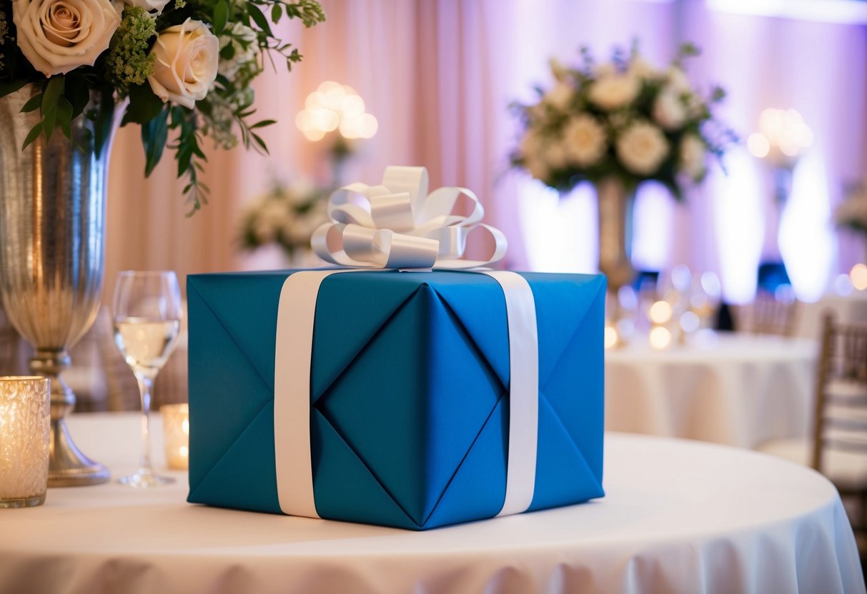 A beautifully wrapped present sits on a table amidst elegant decorations and flowers at a wedding reception