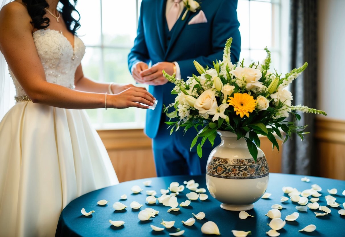 A bride and groom place their wedding flowers in a decorative vase on a table, surrounded by scattered petals