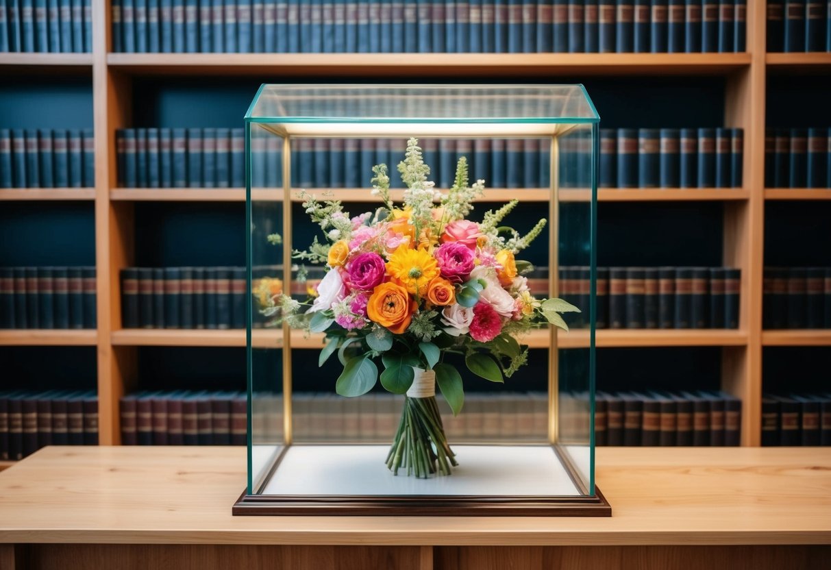 A bouquet of flowers preserved in a glass display case on a bookshelf