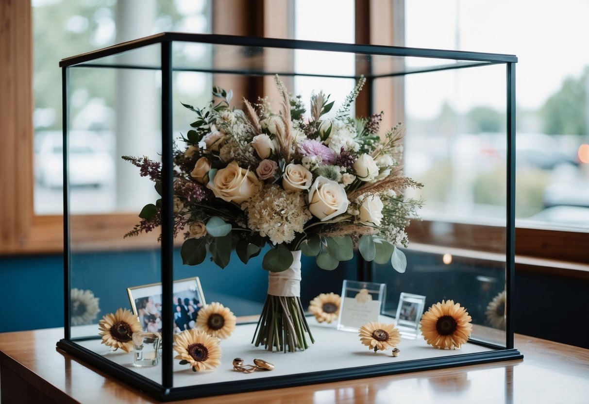 A wedding bouquet placed in a glass display case, surrounded by dried flowers and mementos from the special day