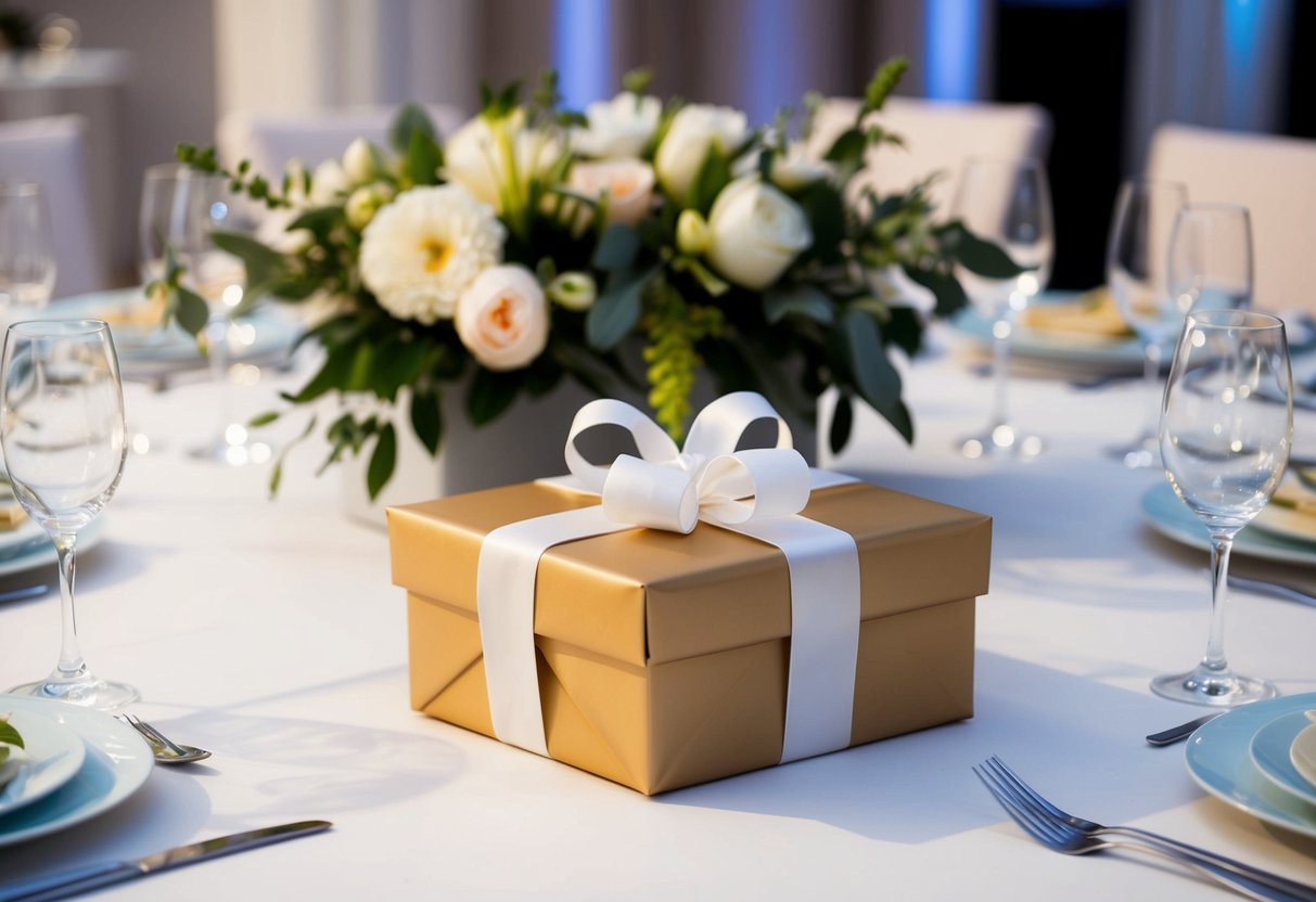 A beautifully wrapped gift box sitting on a modern wedding reception table, surrounded by elegant decor and floral arrangements