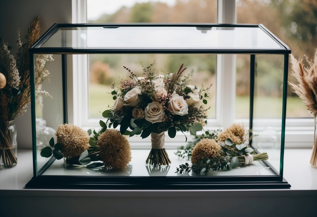 A glass display case holds a preserved wedding bouquet, surrounded by other dried flowers and greenery, adding a touch of elegance to the home decor