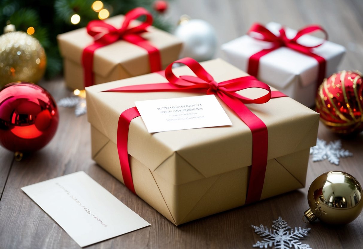 A beautifully wrapped gift box surrounded by festive decorations and a wedding card with a blank space for a message