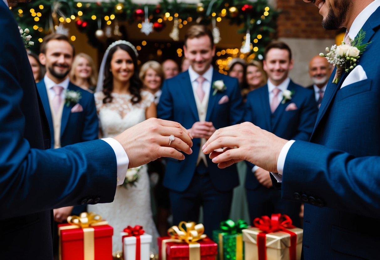 A couple exchanging wedding rings with a small crowd watching, surrounded by festive decorations and gifts