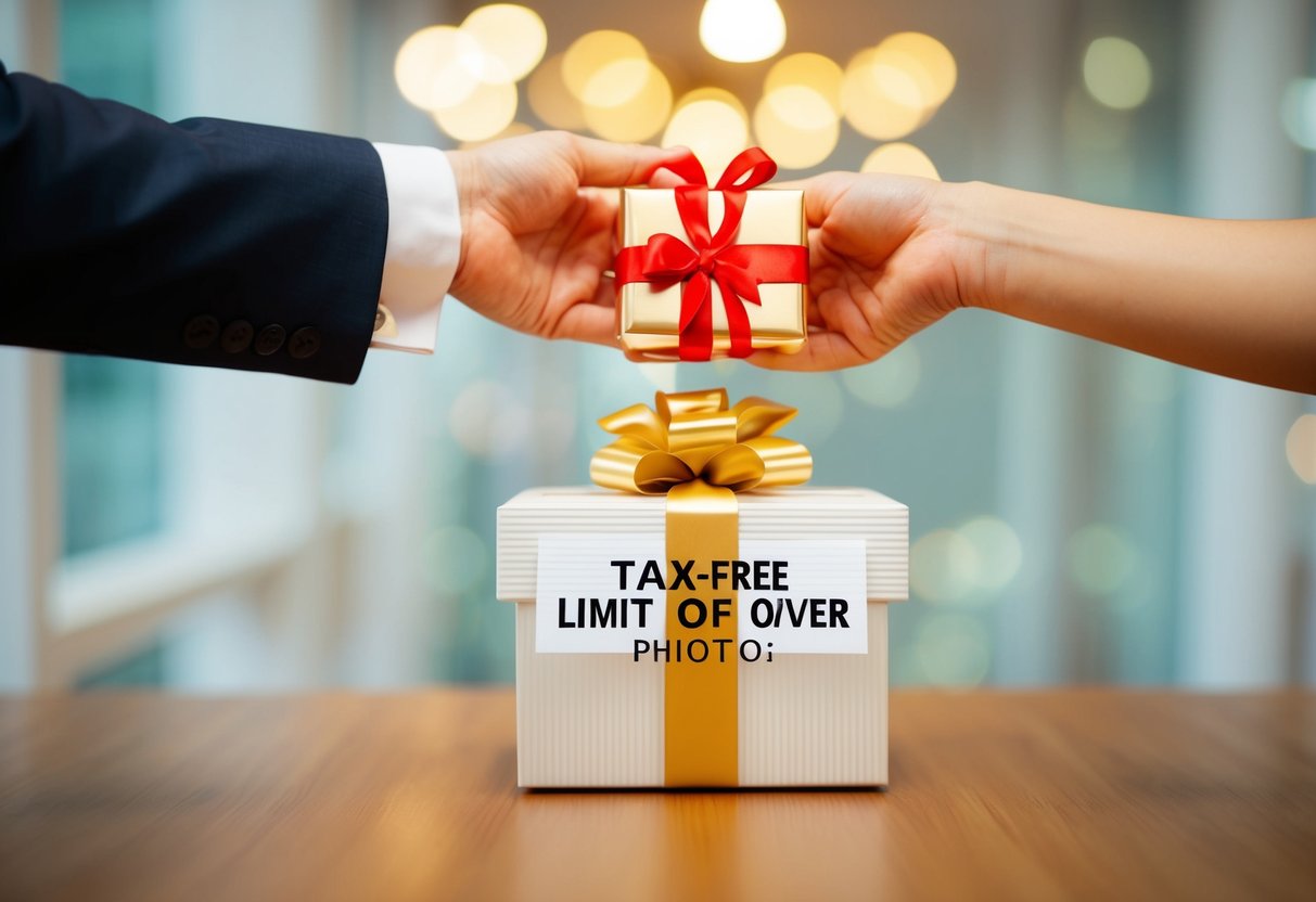 A wedding gift being handed over with a tax-free limit explanation in the background