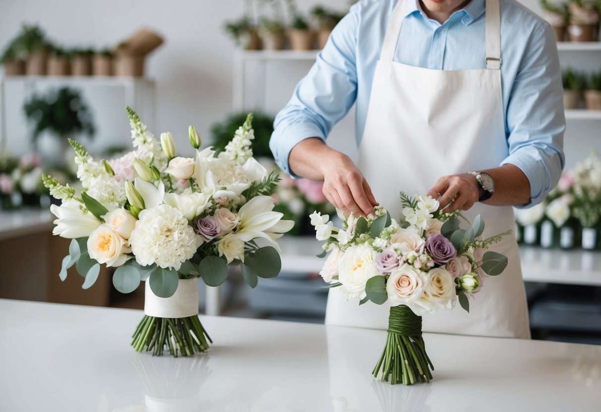 A florist arranging two elegant bouquets with white and pastel flowers